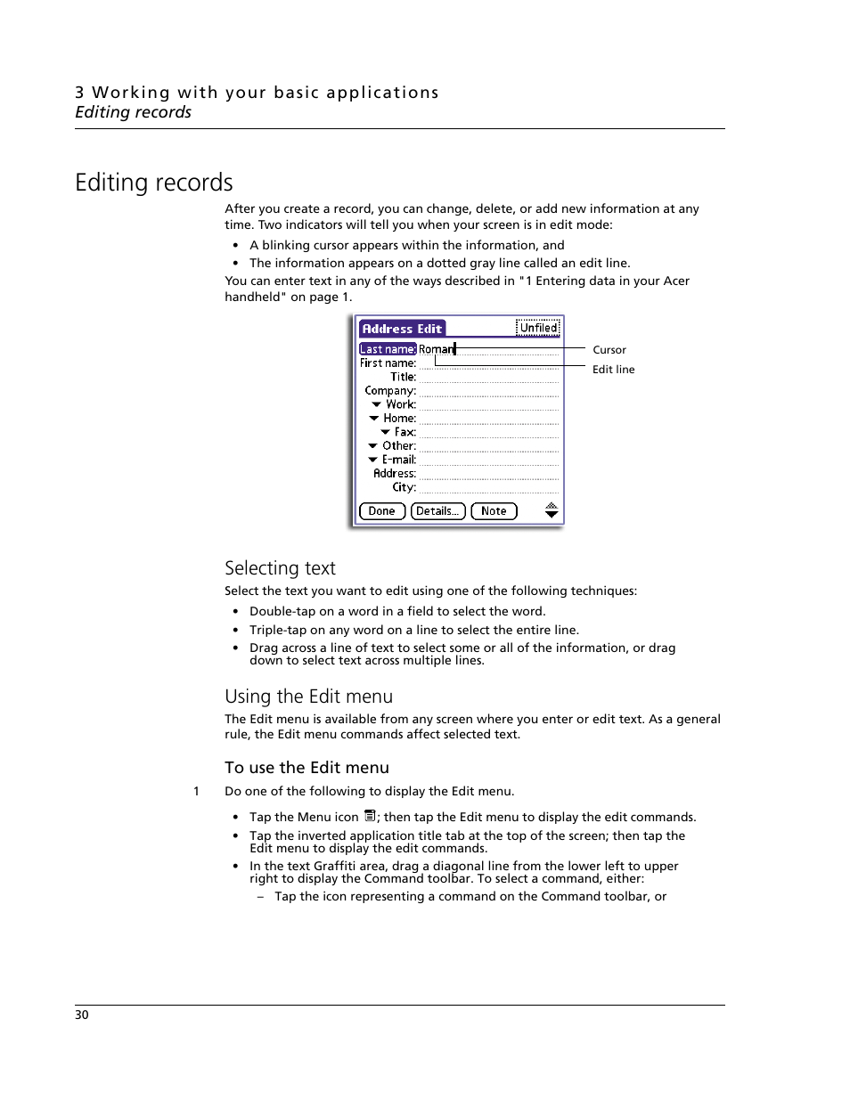 Editing records, Selecting text, Using the edit menu | Selecting text using the edit menu | Acer s60 User Manual | Page 42 / 296