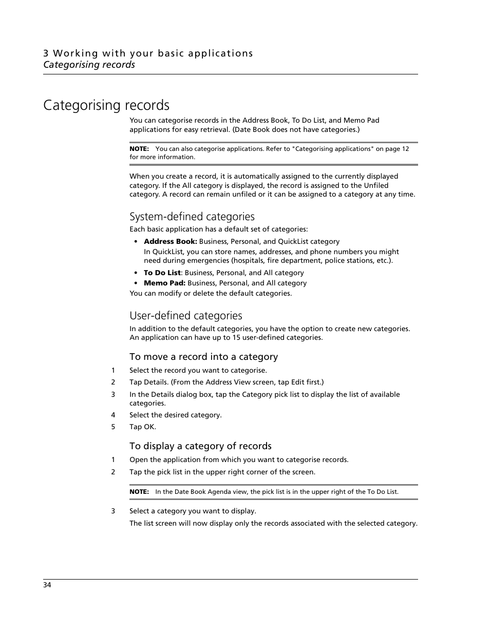 Categorising records, System-defined categories, User-defined categories | Acer s60 User Manual | Page 46 / 296