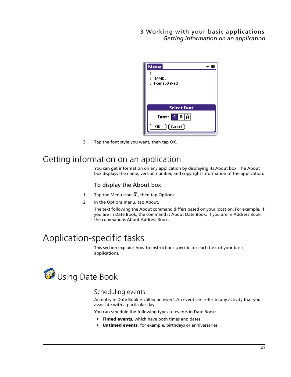 Getting information on an application, Application-specific tasks, Using date book | Scheduling events | Acer s60 User Manual | Page 53 / 296