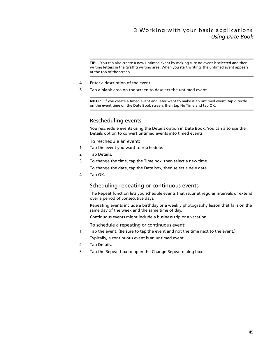 Rescheduling events, Scheduling repeating or continuous events | Acer s60 User Manual | Page 57 / 296