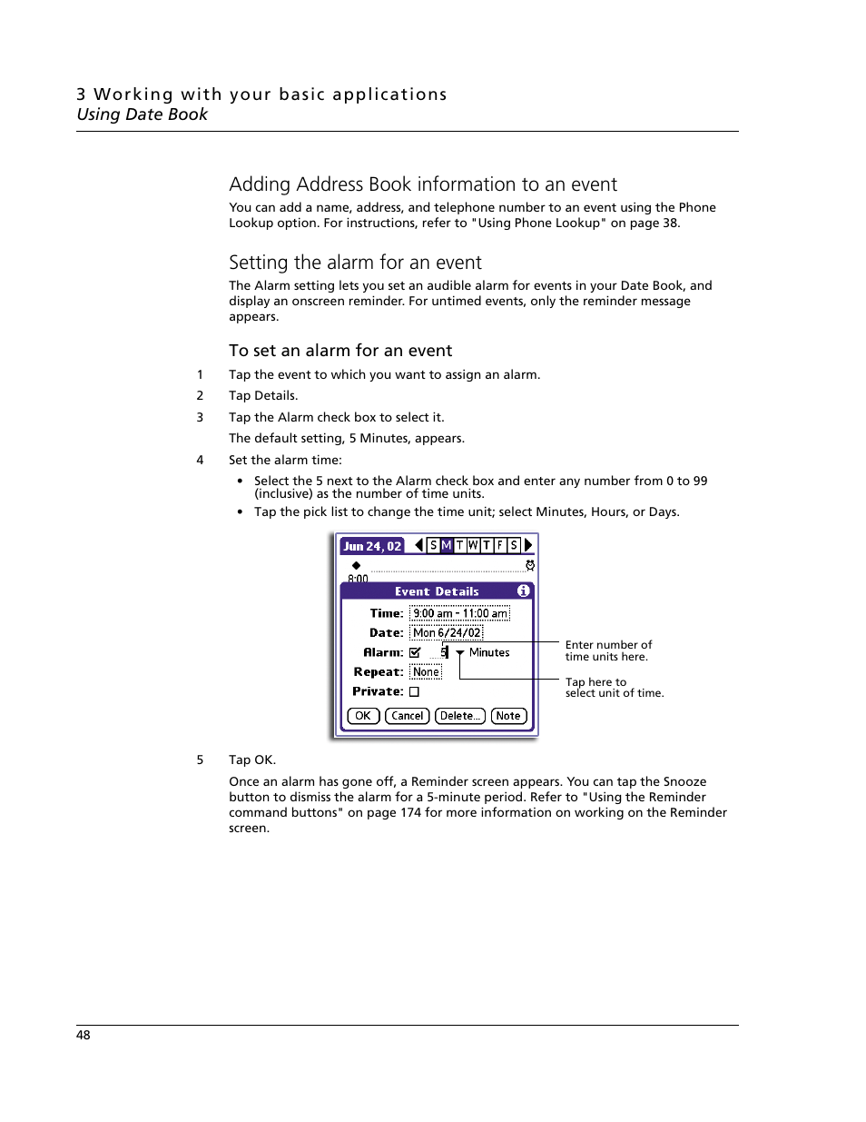 Adding address book information to an event, Setting the alarm for an event | Acer s60 User Manual | Page 60 / 296