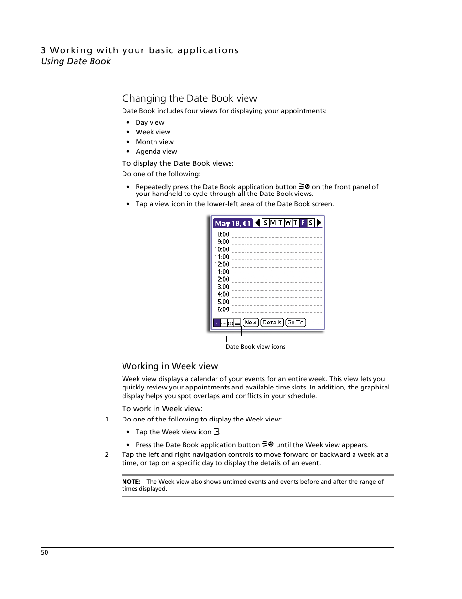 Changing the date book view, Working in week view | Acer s60 User Manual | Page 62 / 296