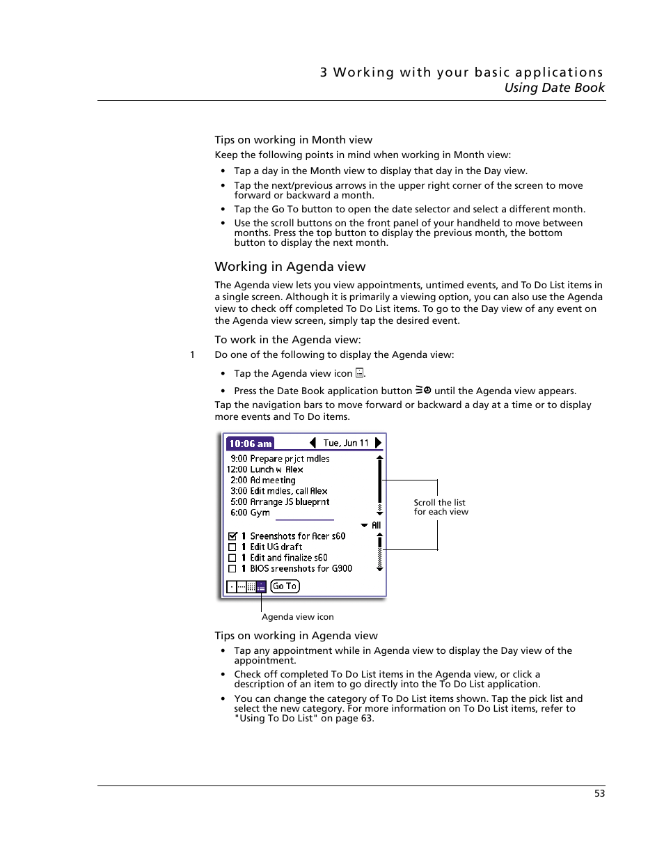 Working in agenda view | Acer s60 User Manual | Page 65 / 296