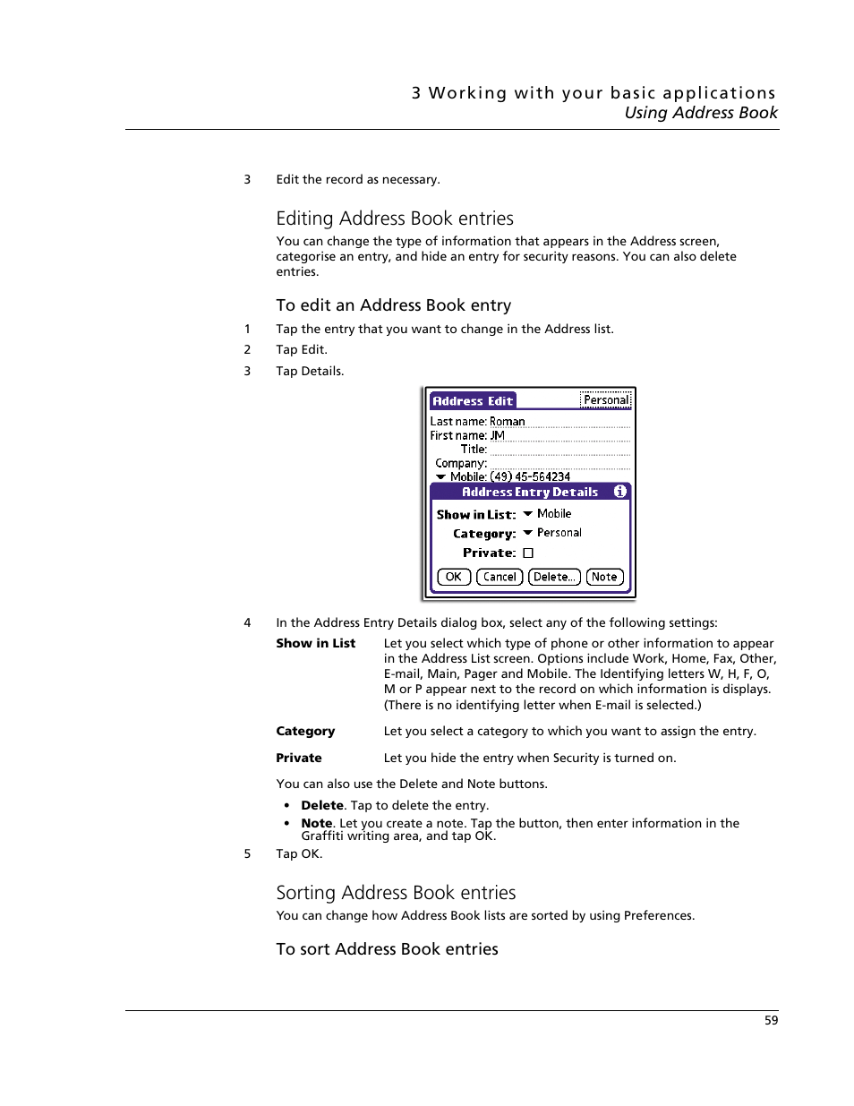 Editing address book entries, Sorting address book entries | Acer s60 User Manual | Page 71 / 296