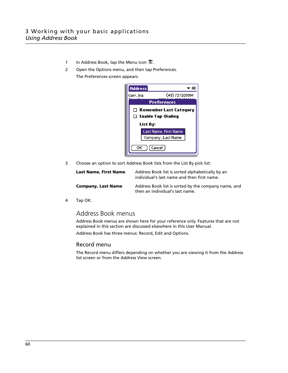 Address book menus | Acer s60 User Manual | Page 72 / 296