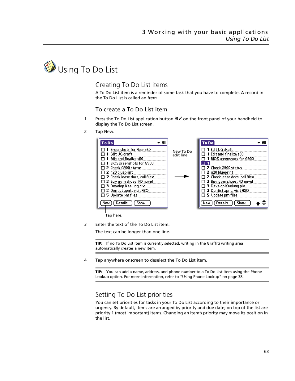 Using to do list, Creating to do list items, Setting to do list priorities | Acer s60 User Manual | Page 75 / 296