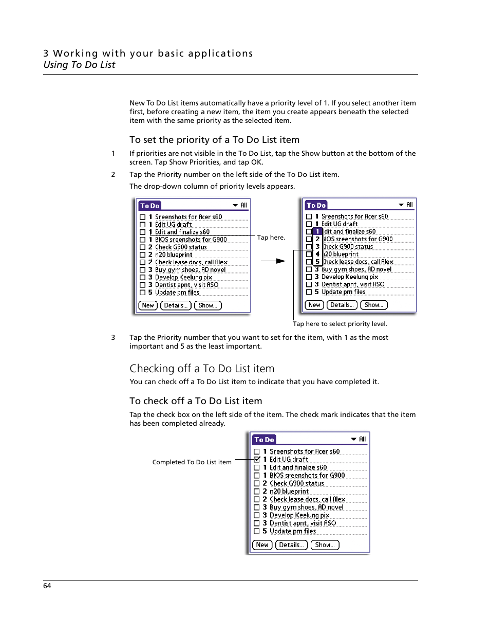 Checking off a to do list item | Acer s60 User Manual | Page 76 / 296