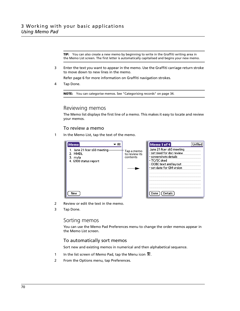 Reviewing memos, Sorting memos, Reviewing memos sorting memos | Acer s60 User Manual | Page 82 / 296