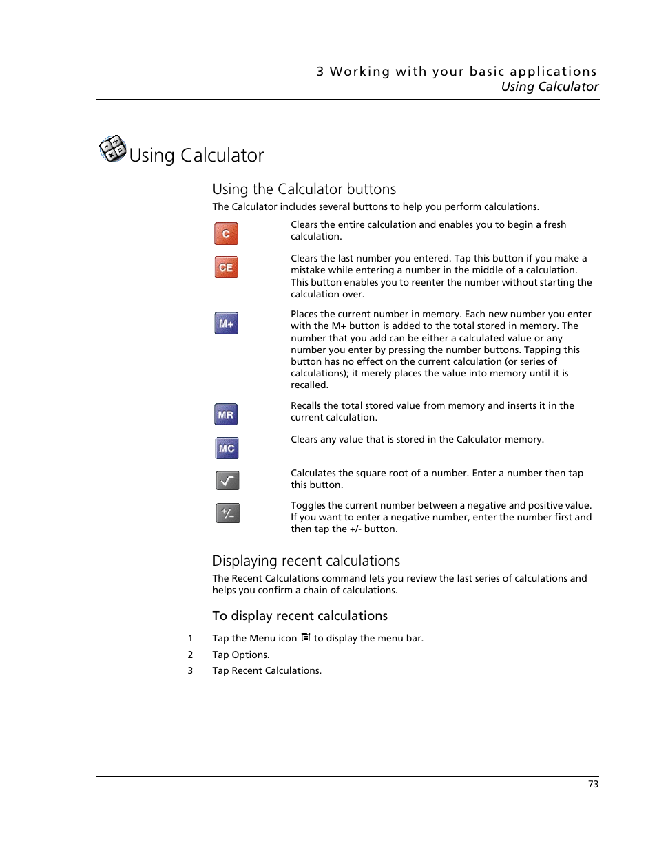 Using calculator, Using the calculator buttons, Displaying recent calculations | Acer s60 User Manual | Page 85 / 296