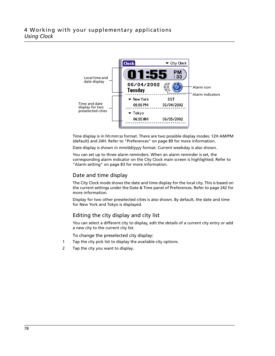 Date and time display, Editing the city display and city list | Acer s60 User Manual | Page 90 / 296