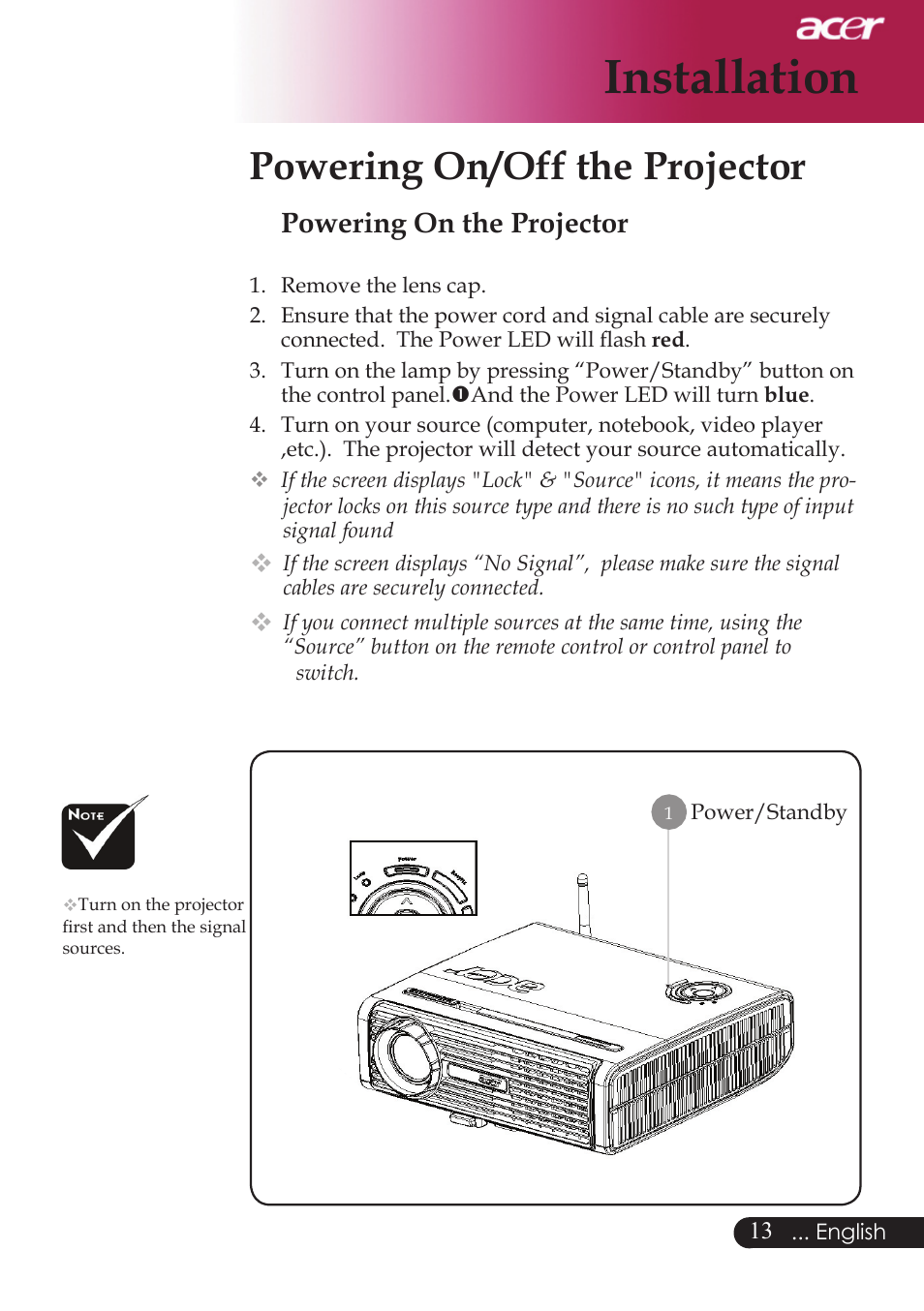 Installation, Powering on/off the projector, Powering on the projector | Acer PD523P User Manual | Page 15 / 56