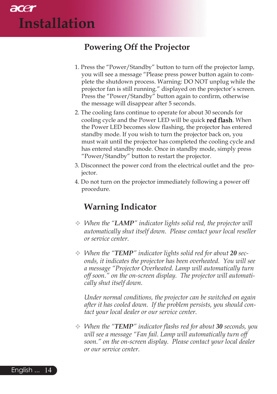 Installation, Warning indicator, Powering off the projector | Acer PD523P User Manual | Page 16 / 56
