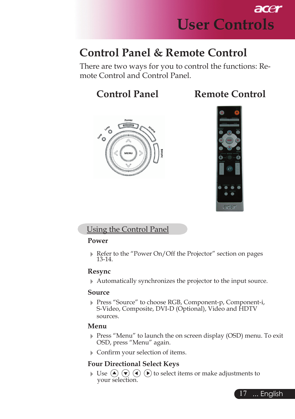 User controls, Control panel & remote control, Remote control control panel | Acer PD523P User Manual | Page 19 / 56