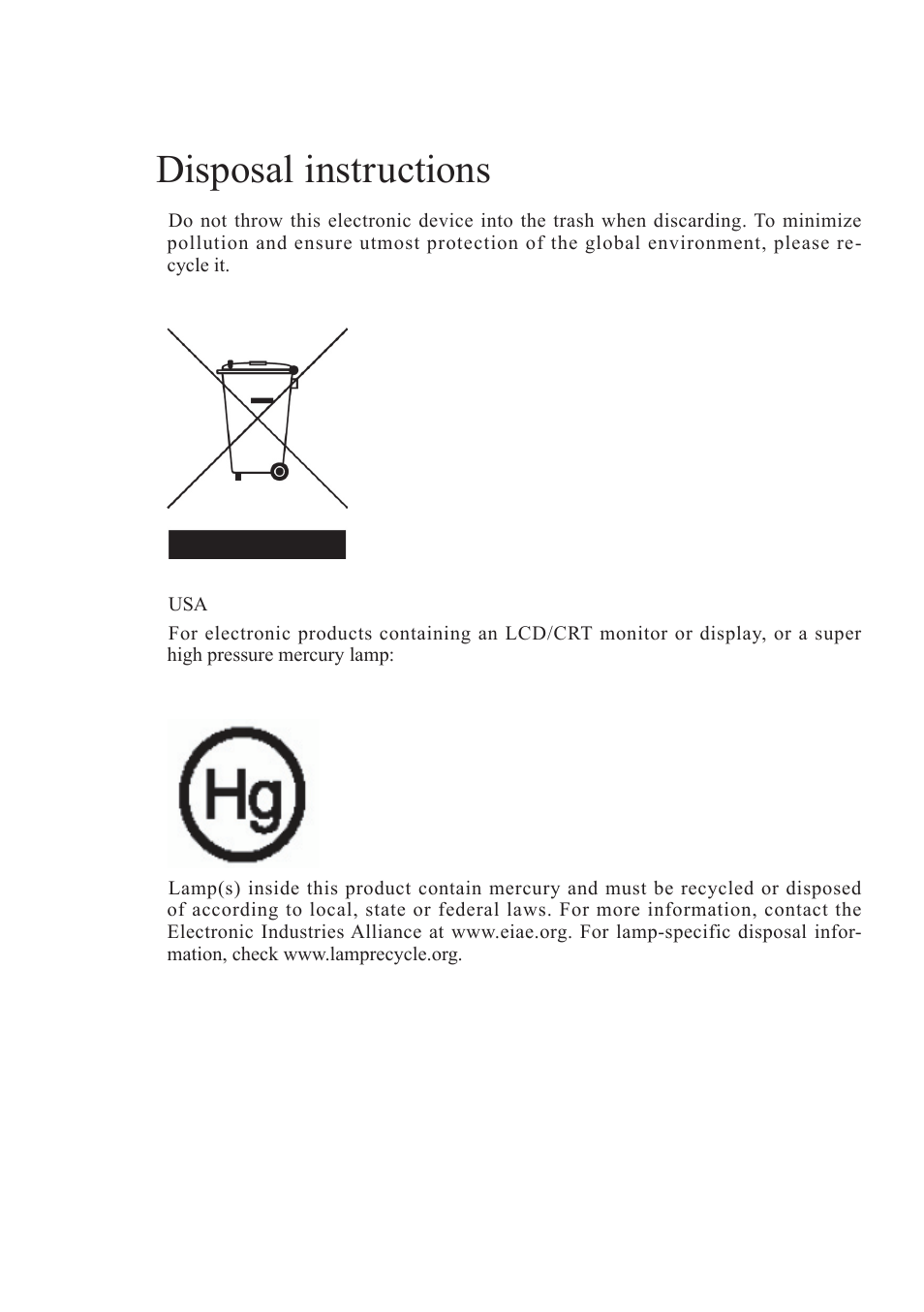 Disposal instructions | Acer PD523P User Manual | Page 2 / 56