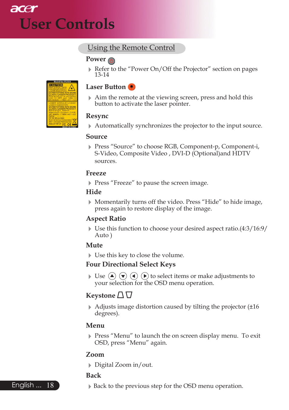 User controls | Acer PD523P User Manual | Page 20 / 56