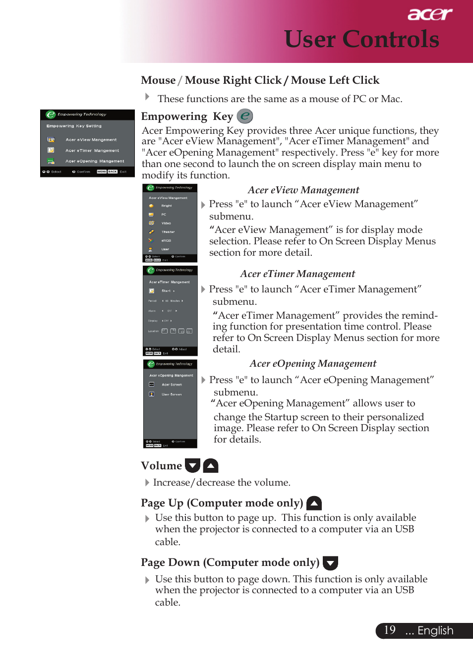 User controls | Acer PD523P User Manual | Page 21 / 56