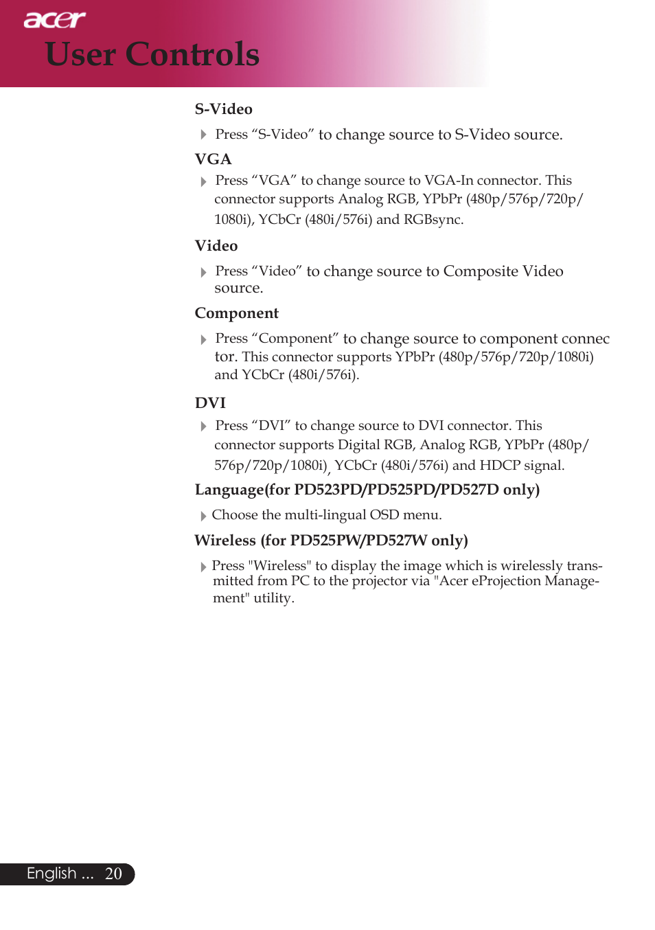 User controls | Acer PD523P User Manual | Page 22 / 56