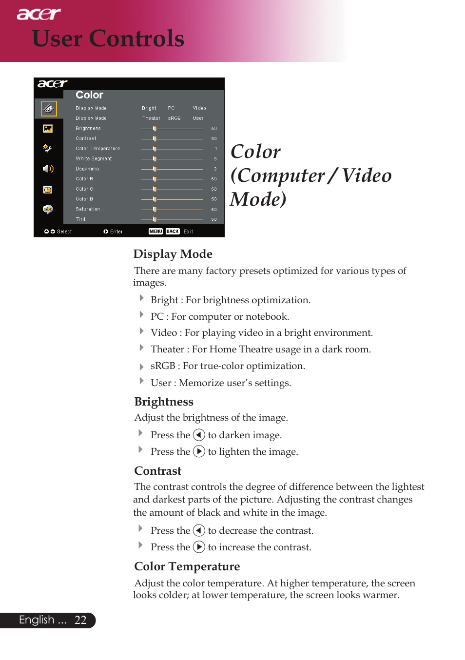 User controls, Color (computer / video mode) | Acer PD523P User Manual | Page 24 / 56