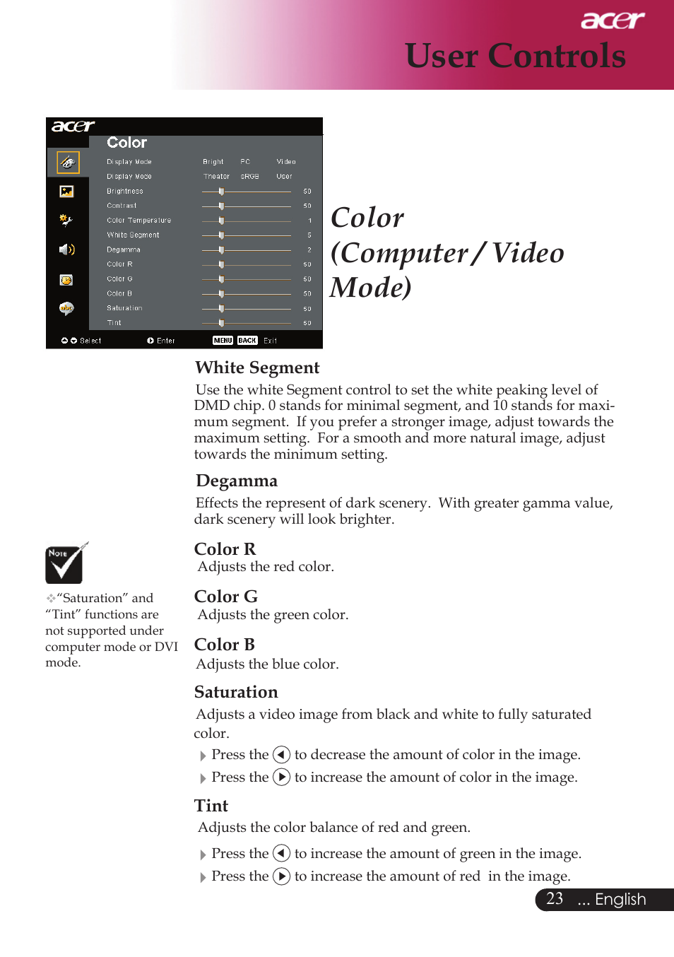 User controls, Color (computer / video mode) | Acer PD523P User Manual | Page 25 / 56