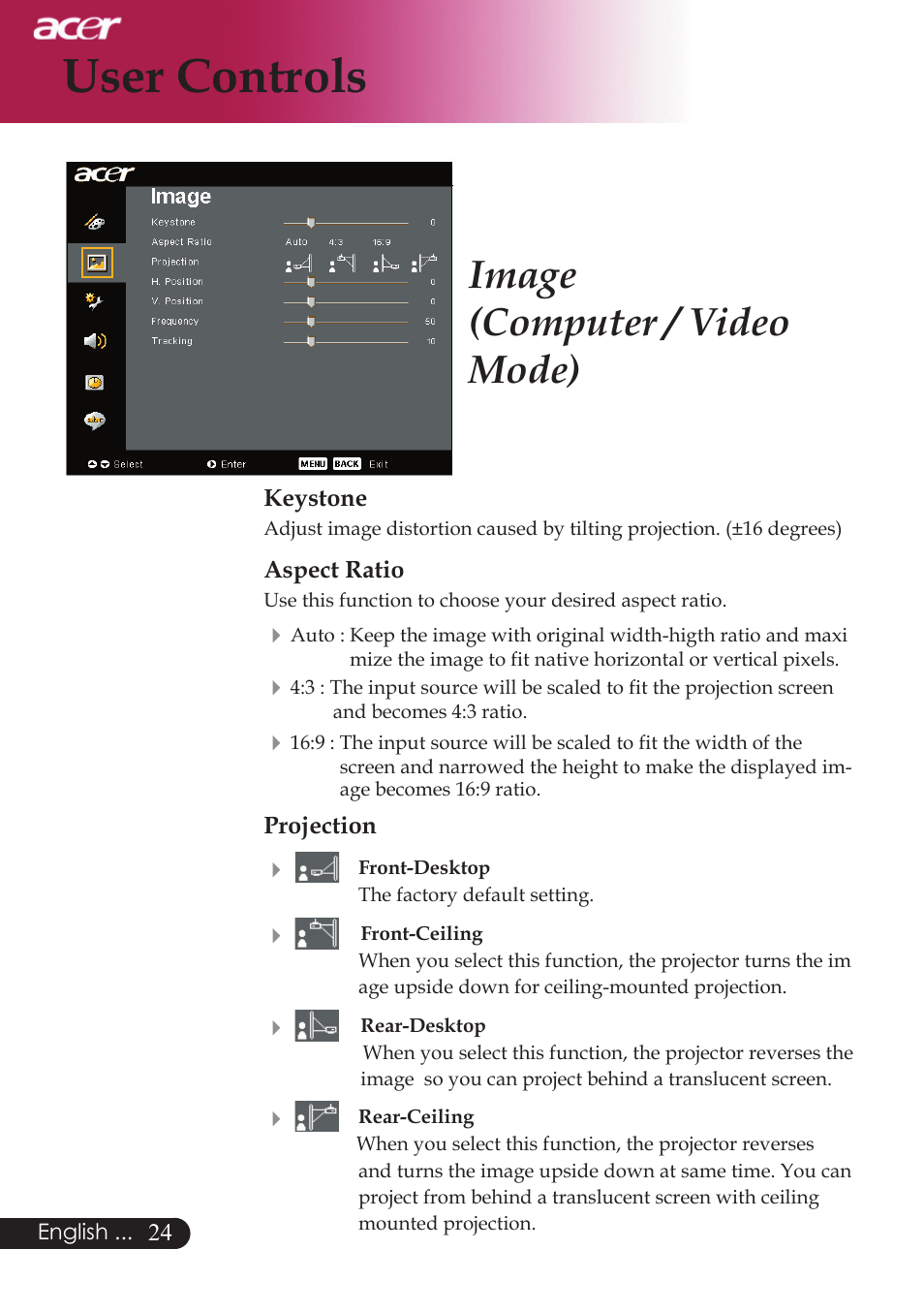 User controls, Image (computer / video mode) | Acer PD523P User Manual | Page 26 / 56