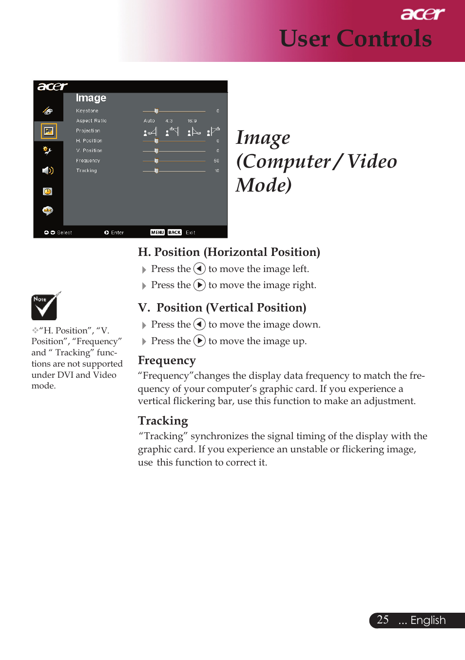 User controls, Image (computer / video mode) | Acer PD523P User Manual | Page 27 / 56