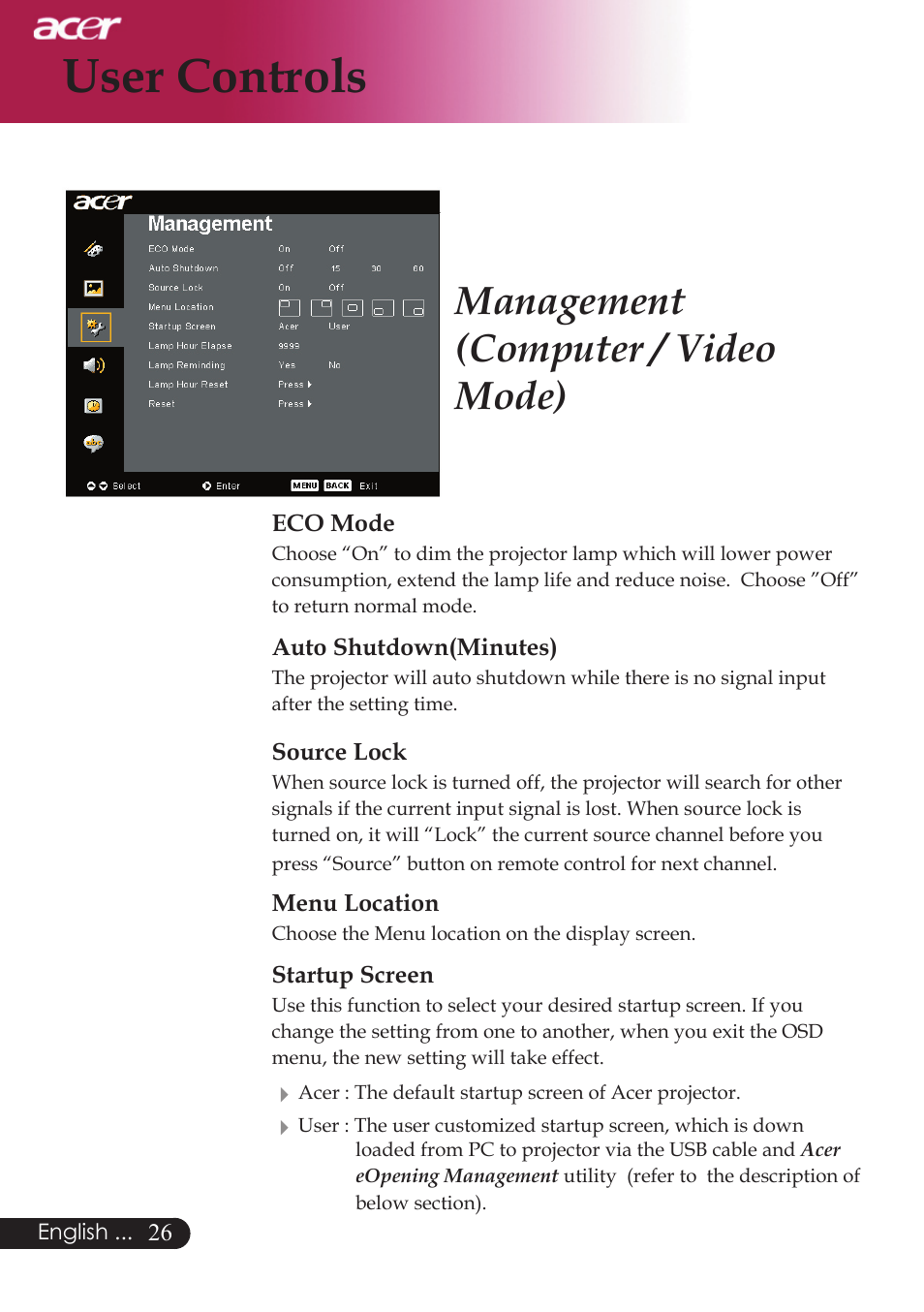 User controls, Management (computer / video mode) | Acer PD523P User Manual | Page 28 / 56