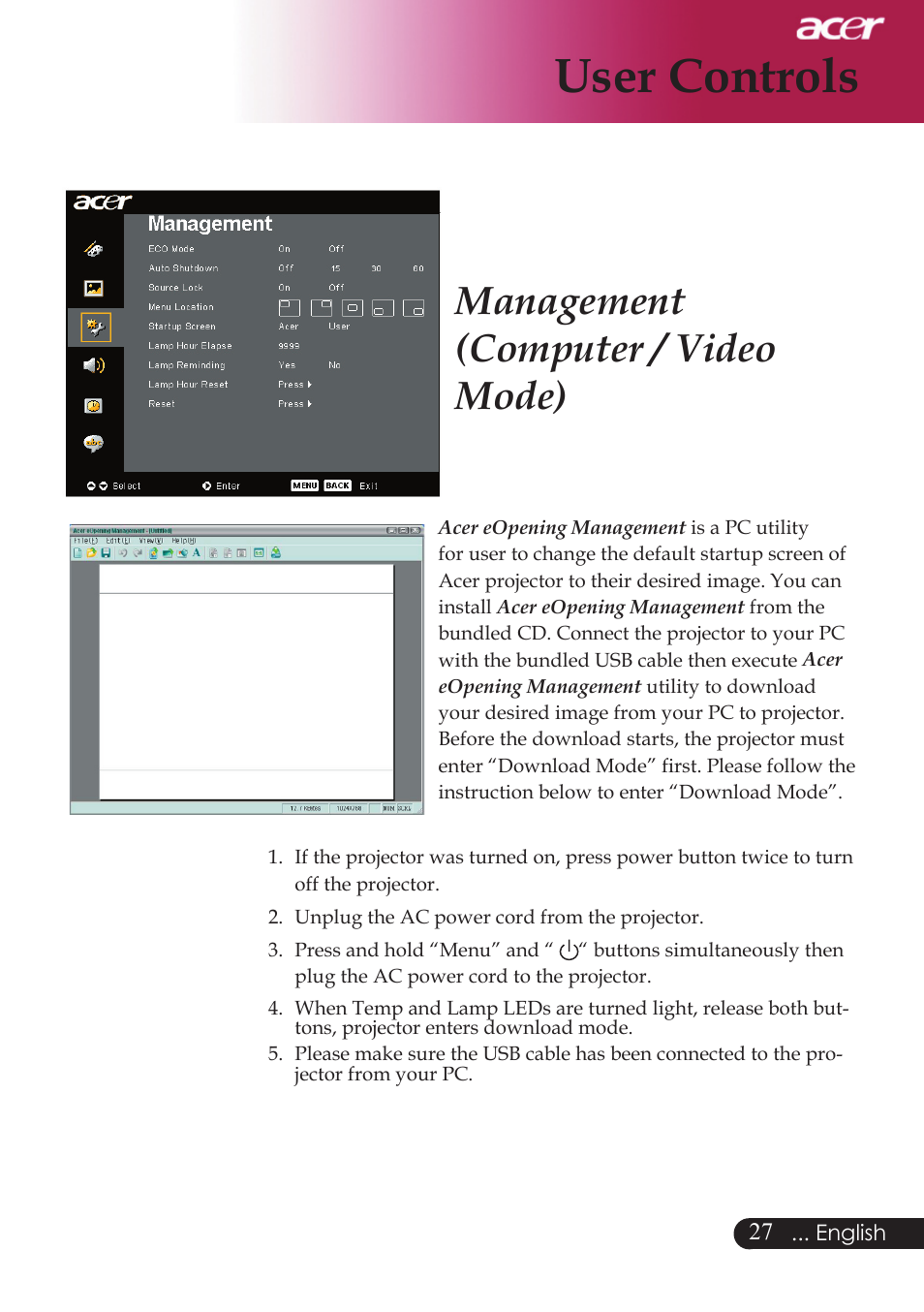 User controls, Management (computer / video mode) | Acer PD523P User Manual | Page 29 / 56