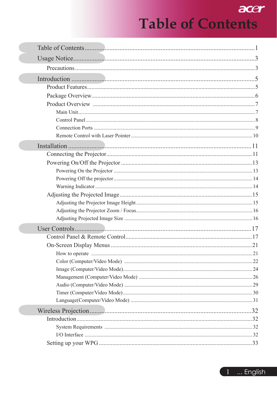 Acer PD523P User Manual | Page 3 / 56