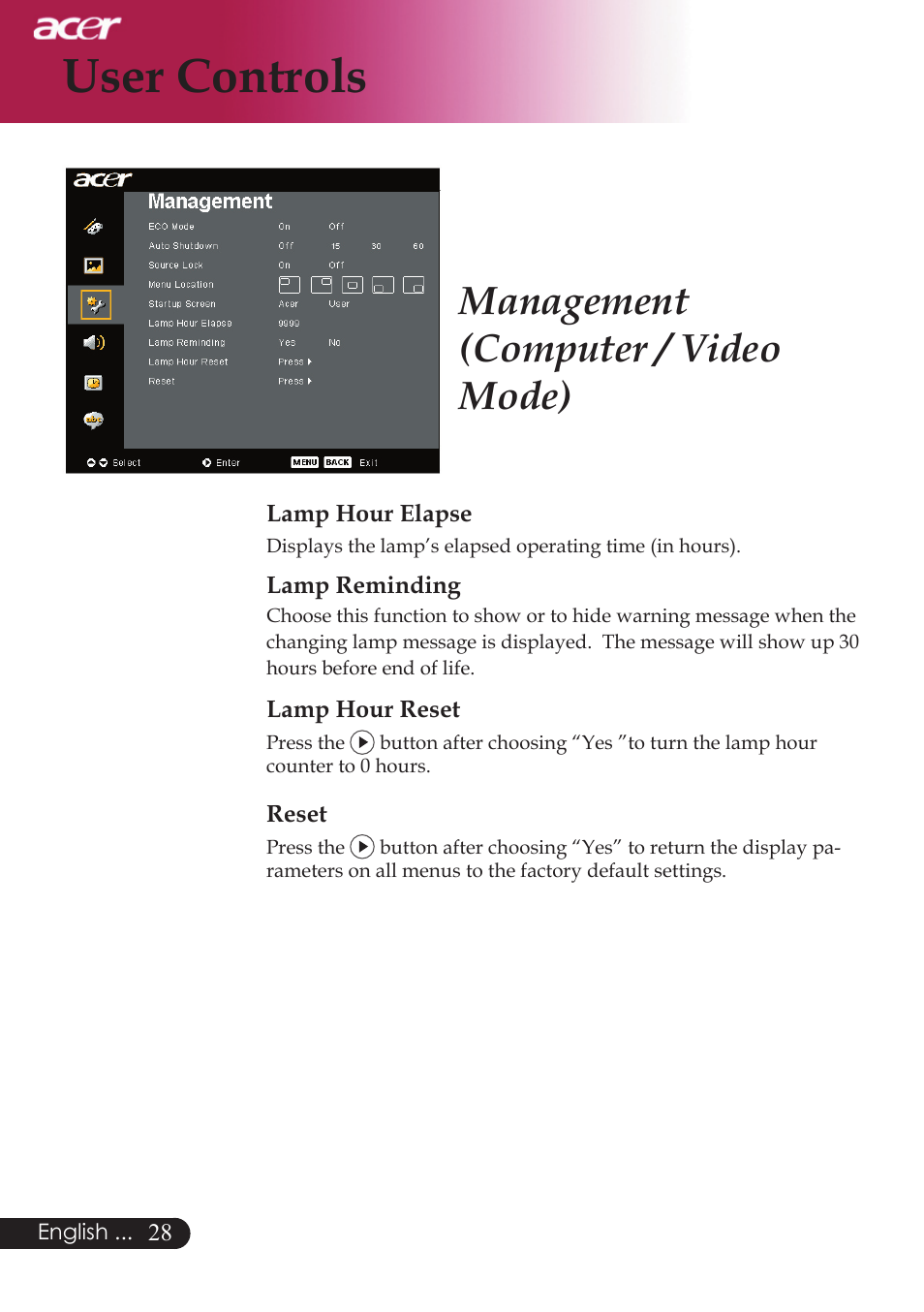 User controls, Management (computer / video mode) | Acer PD523P User Manual | Page 30 / 56