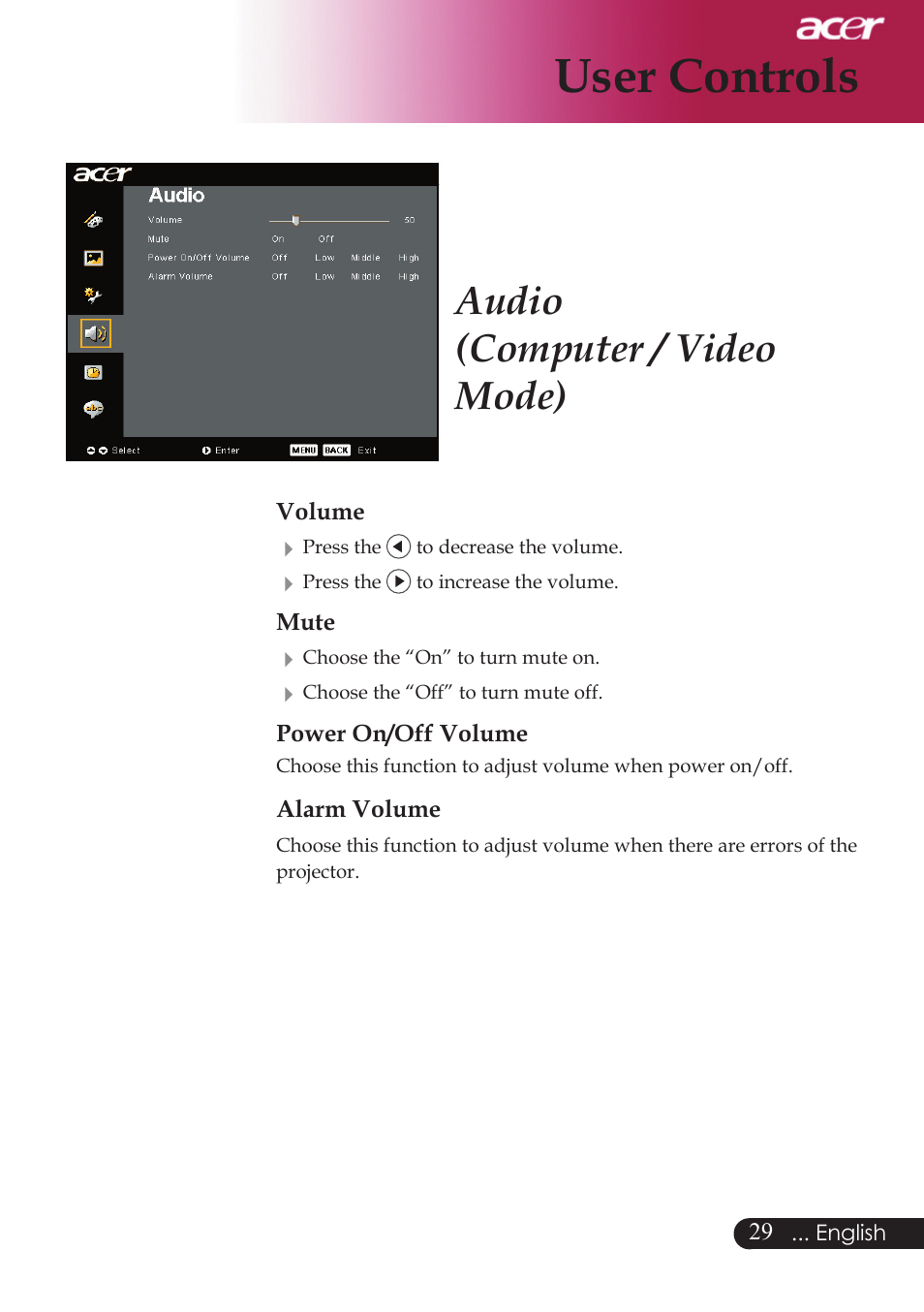 User controls, Audio (computer / video mode) | Acer PD523P User Manual | Page 31 / 56