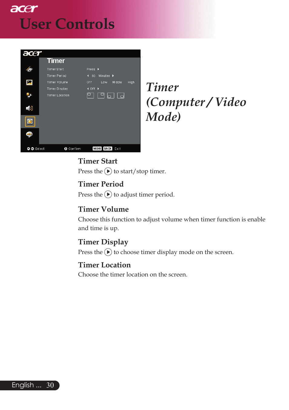 User controls, Timer (computer / video mode) | Acer PD523P User Manual | Page 32 / 56