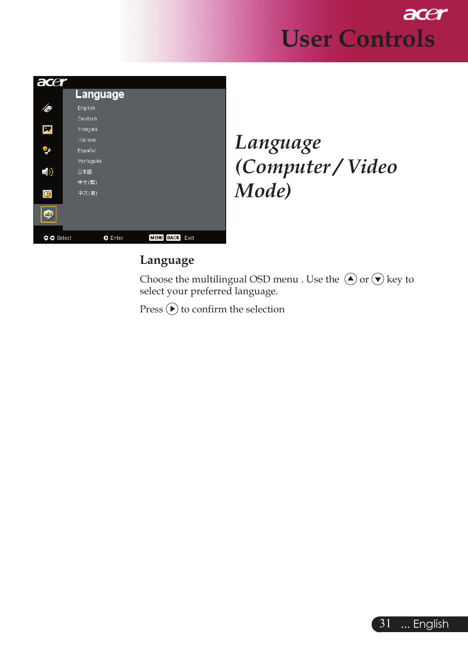 User controls, Language (computer / video mode) | Acer PD523P User Manual | Page 33 / 56