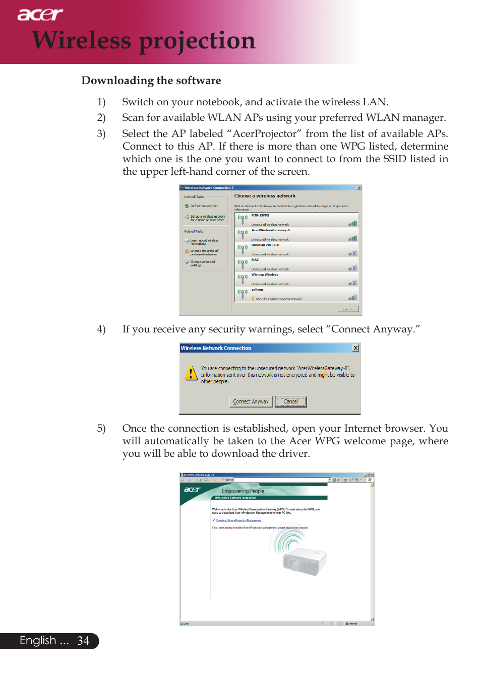 Wireless projection | Acer PD523P User Manual | Page 36 / 56
