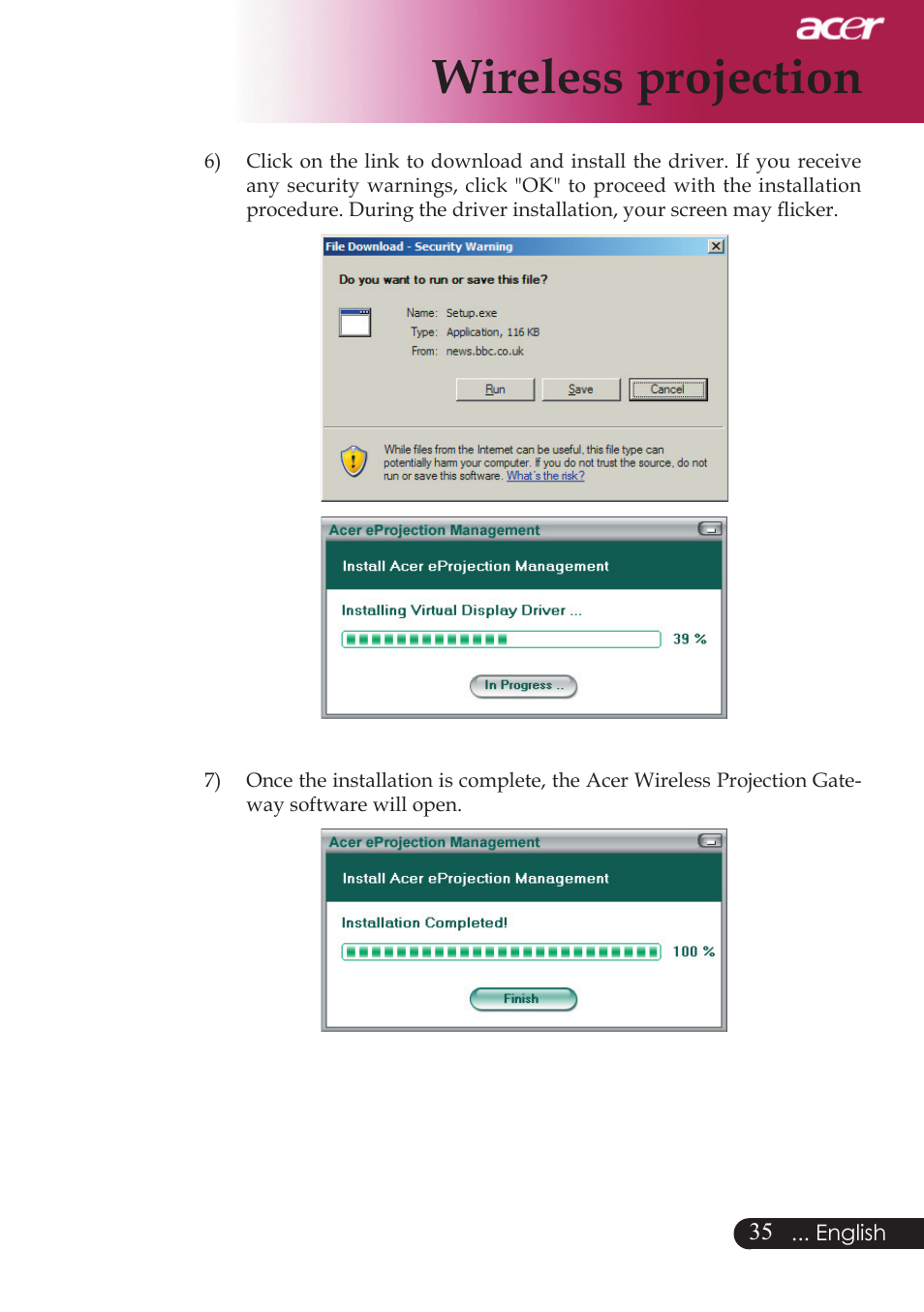 Wireless projection | Acer PD523P User Manual | Page 37 / 56
