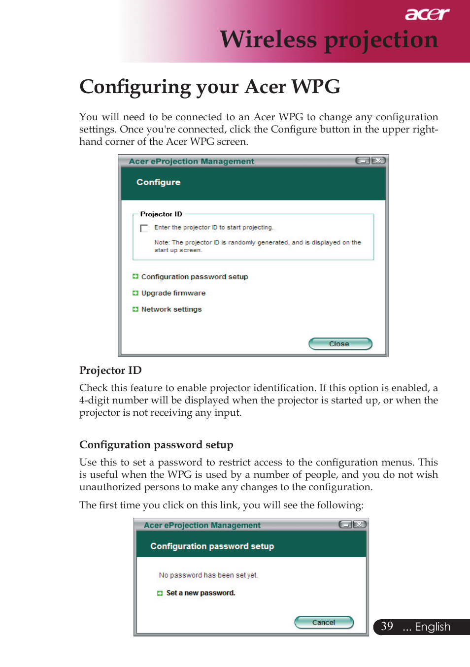 Wireless projection, Conﬁguring your acer wpg | Acer PD523P User Manual | Page 41 / 56