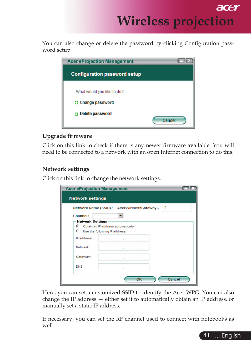Wireless projection | Acer PD523P User Manual | Page 43 / 56