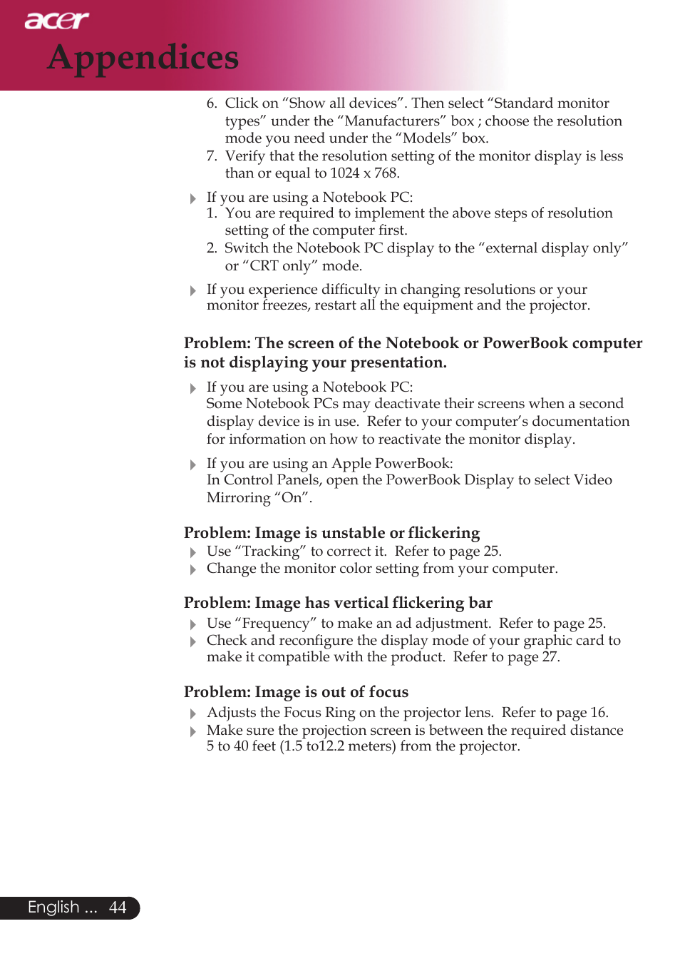 Appendices | Acer PD523P User Manual | Page 46 / 56