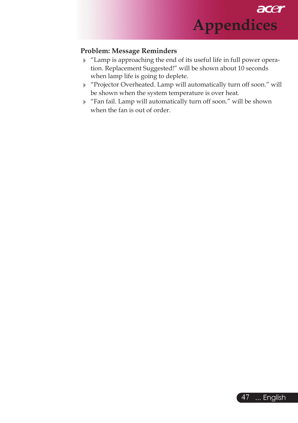 Appendices | Acer PD523P User Manual | Page 49 / 56