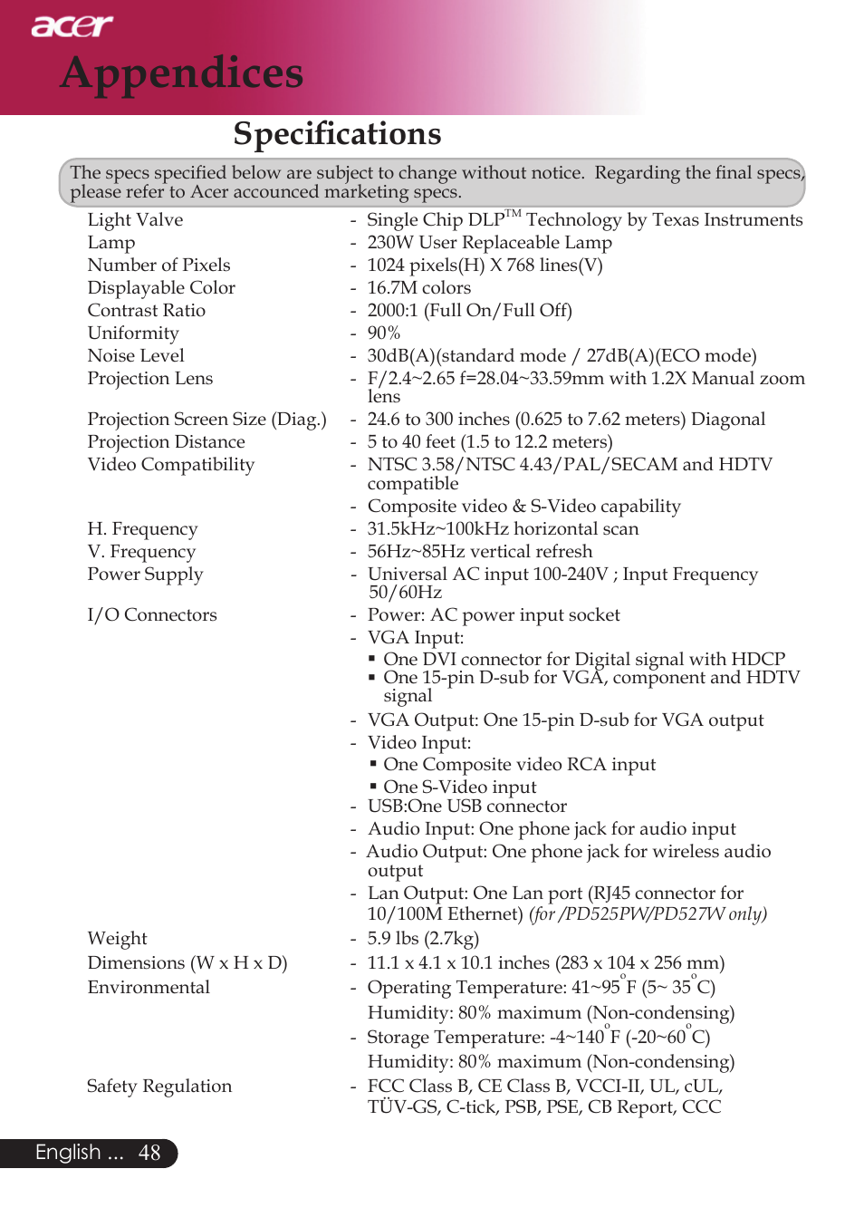 Appendices, Speciﬁcations | Acer PD523P User Manual | Page 50 / 56
