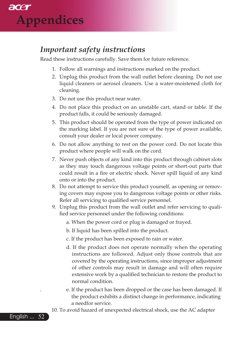Appendices, Important safety instructions | Acer PD523P User Manual | Page 54 / 56