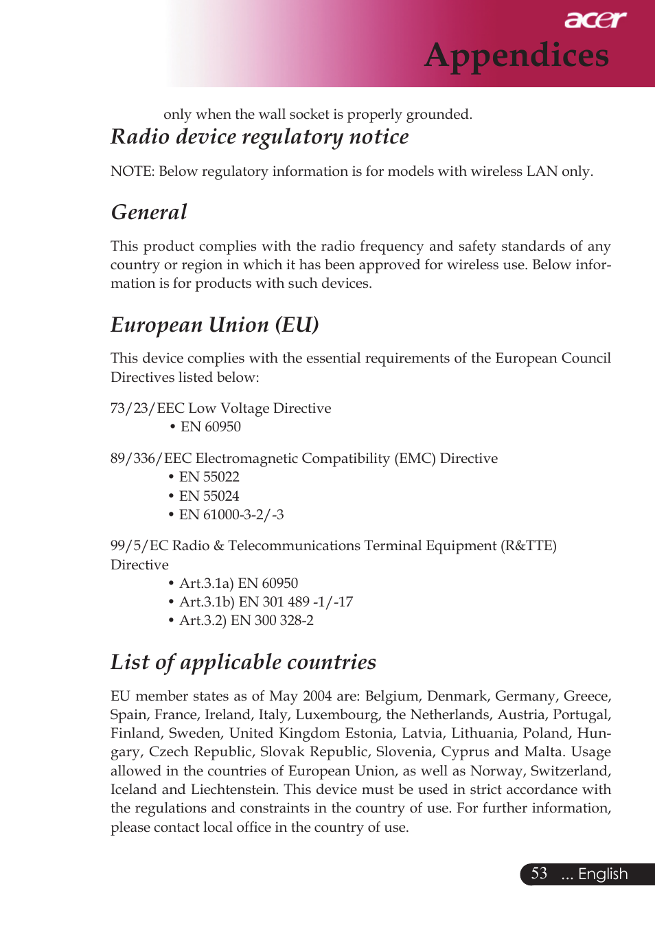 Appendices, Radio device regulatory notice, General | European union (eu), List of applicable countries | Acer PD523P User Manual | Page 55 / 56