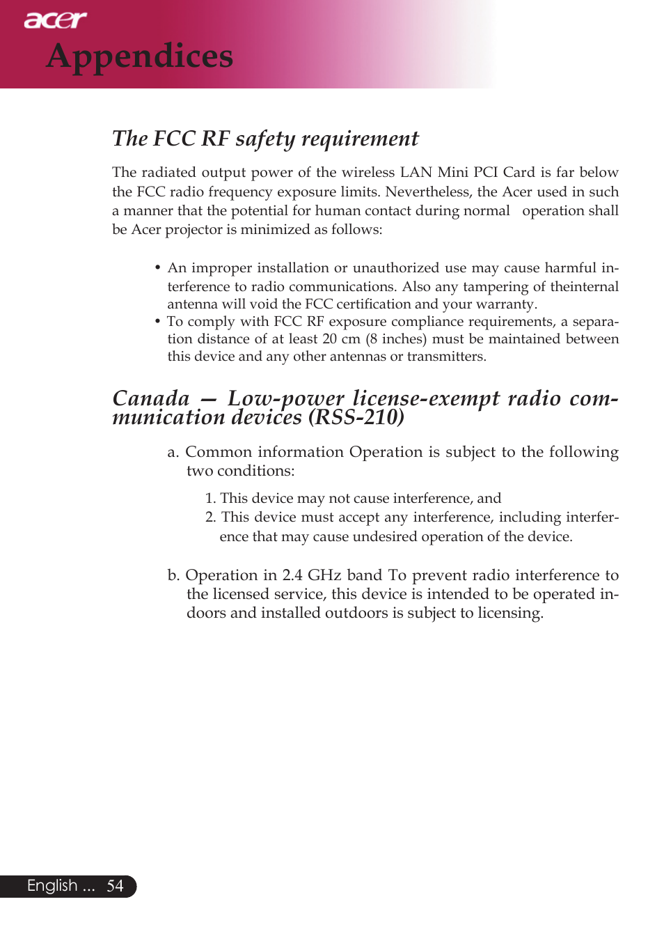 Appendices, The fcc rf safety requirement | Acer PD523P User Manual | Page 56 / 56