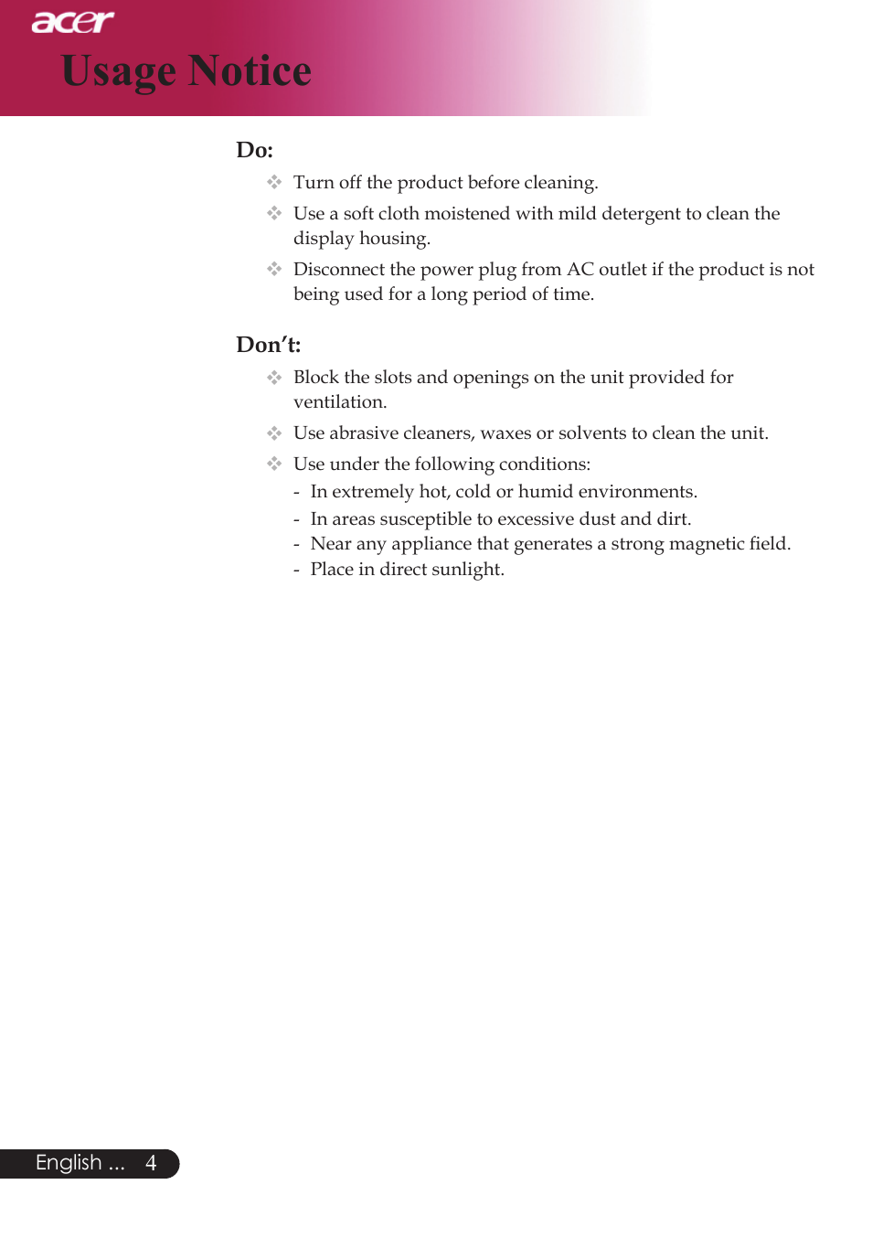 Usage notice | Acer PD523P User Manual | Page 6 / 56