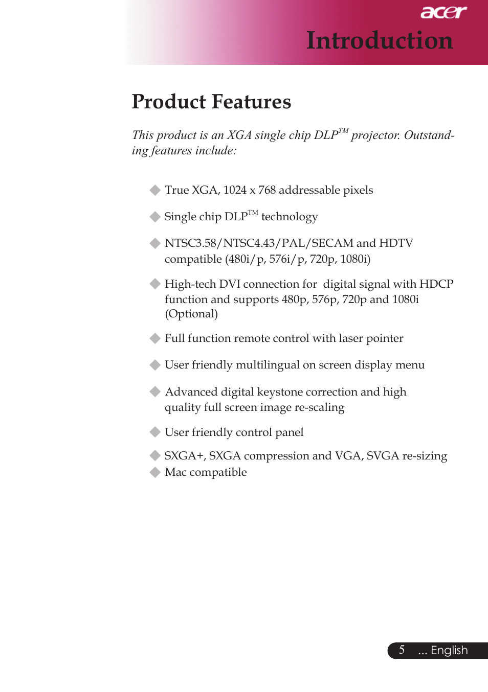Introduction, Product features | Acer PD523P User Manual | Page 7 / 56