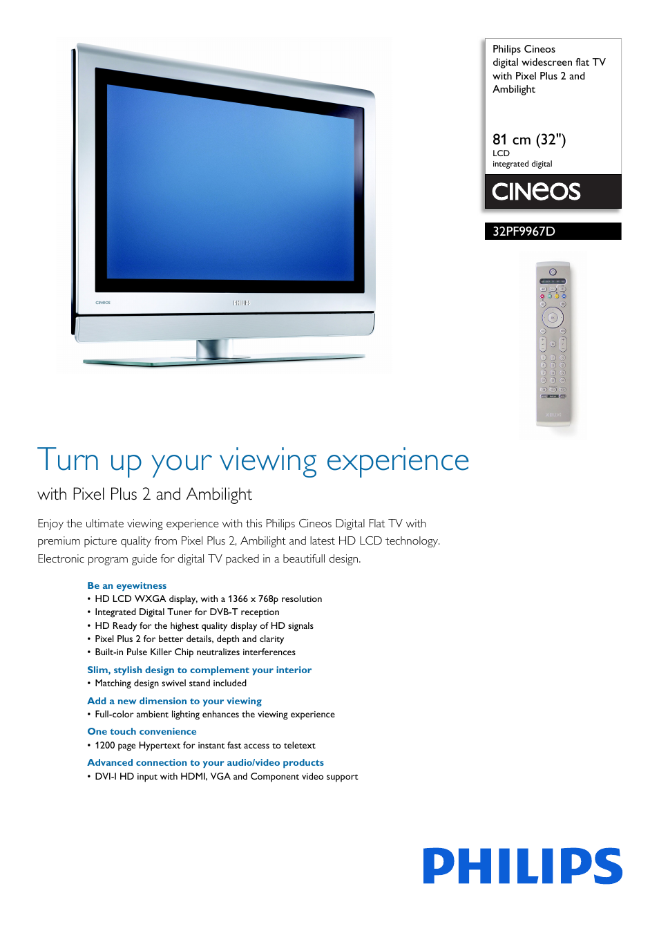 Philips Cineos Téléviseur numérique à écran large User Manual | 3 pages