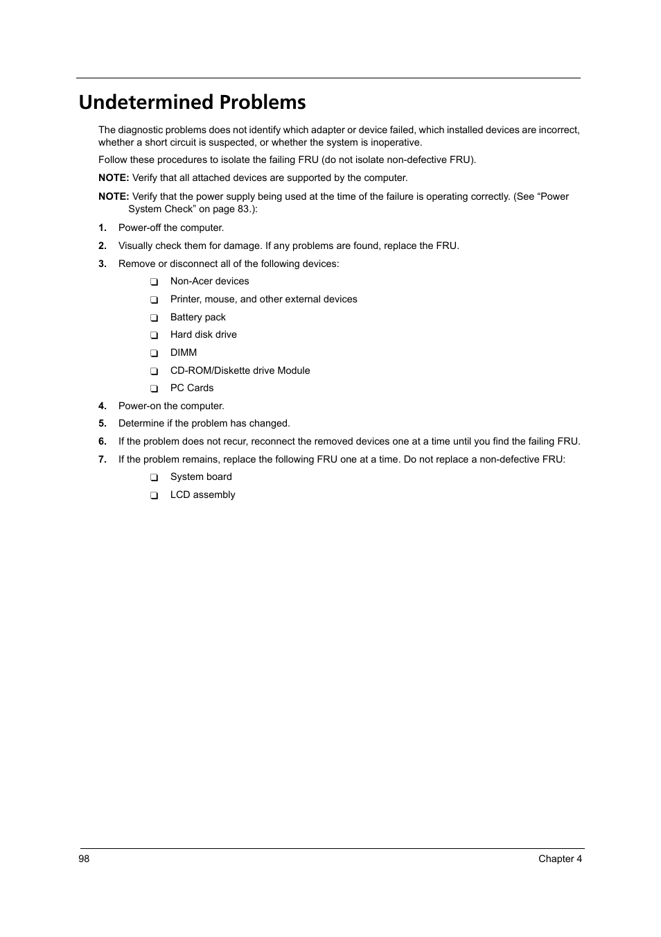 Undetermined problems | Acer 3250 User Manual | Page 106 / 124