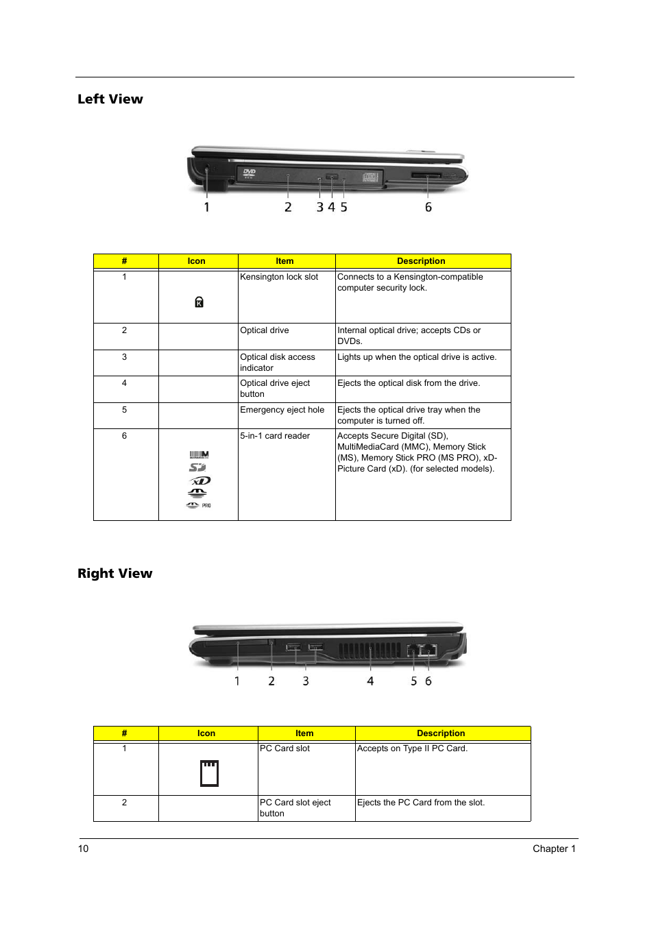 Left view, Right view, Left view right view | Acer 3250 User Manual | Page 18 / 124