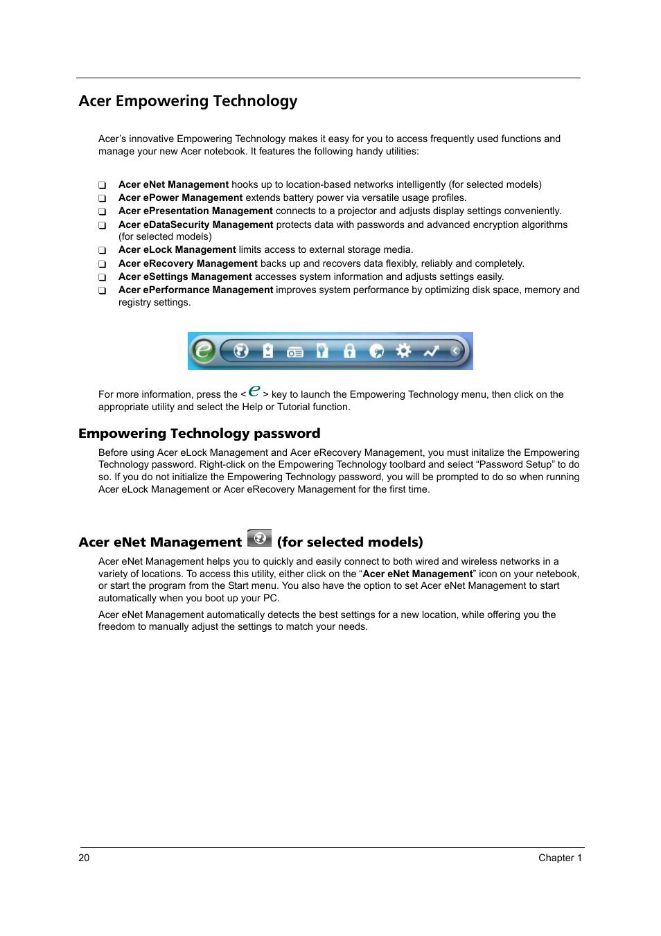 Acer empowering technology, Empowering technology password, Acer enet management (for selected models) | Acer 3250 User Manual | Page 28 / 124