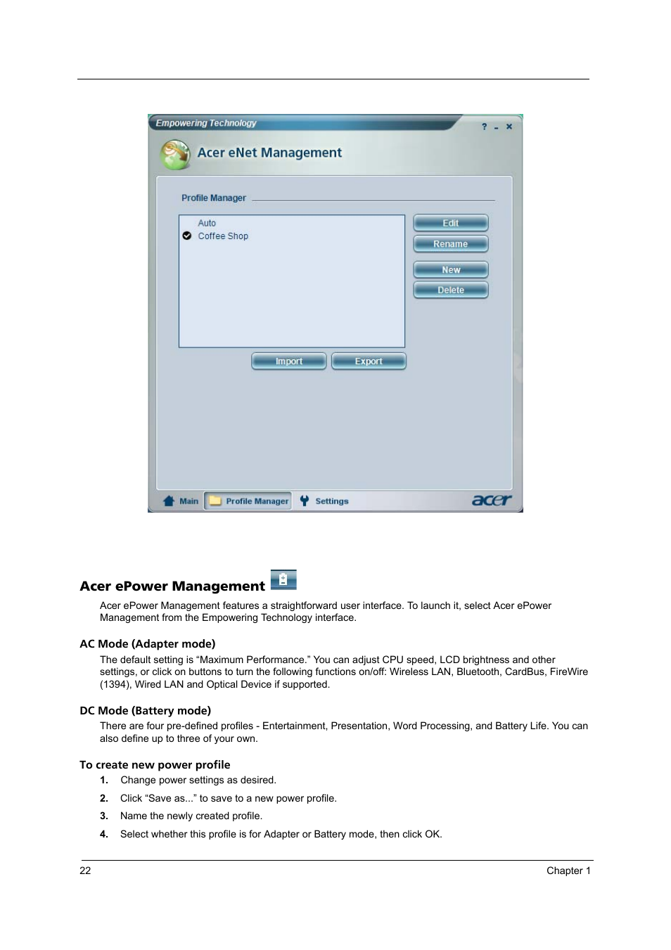 Acer epower management | Acer 3250 User Manual | Page 30 / 124