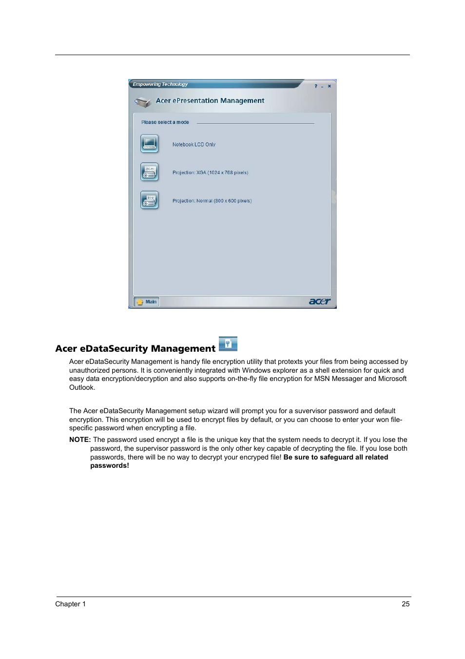 Acer edatasecurity management | Acer 3250 User Manual | Page 33 / 124